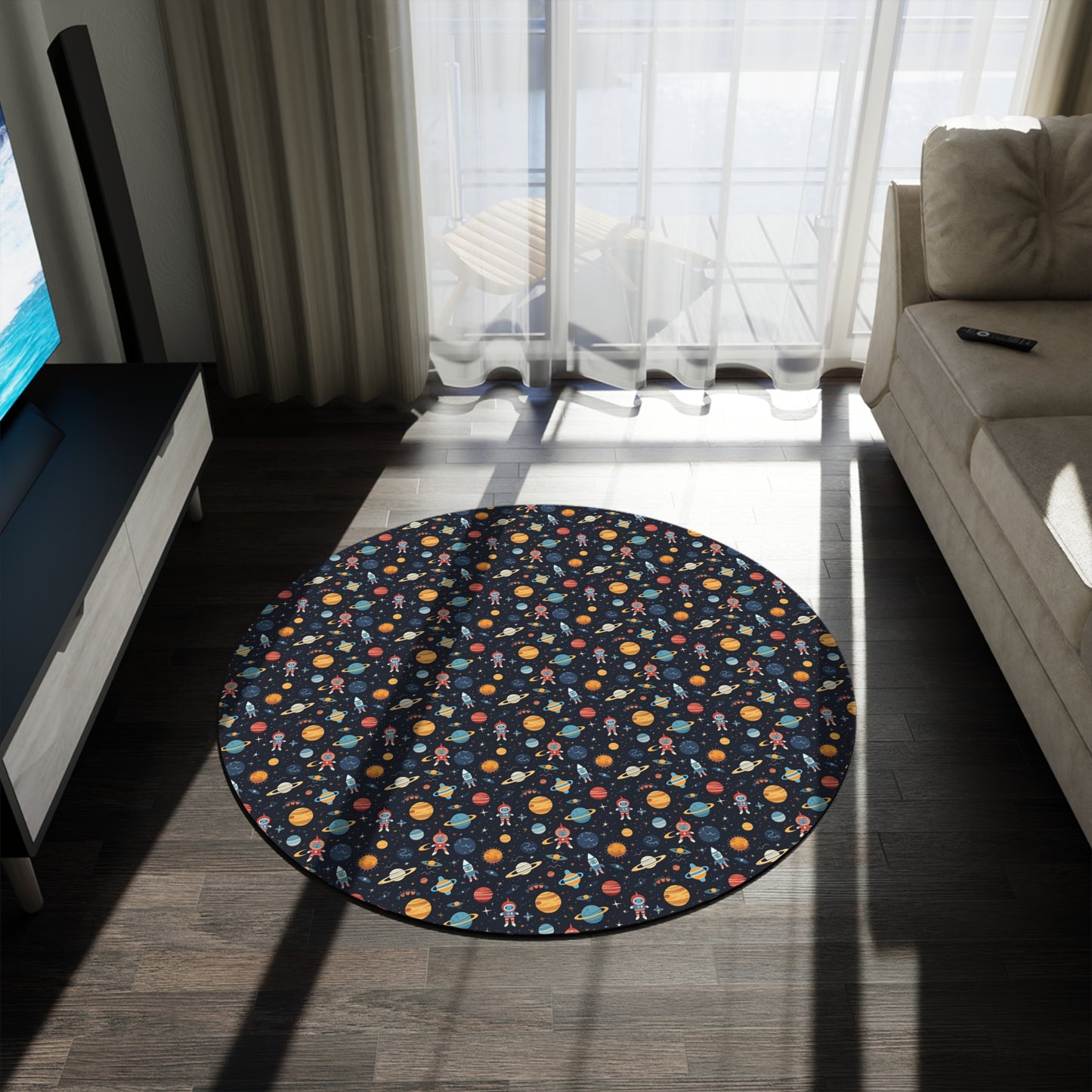 Stylish Space Theme 60" Round Chenille Rug, Kids Playroom Planets & Astronauts Decor