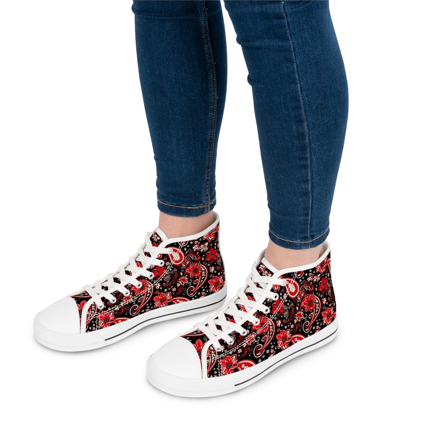 Black & Red Paisley Print Women's High Top Sneakers, Stylish Paisley Pattern Sneakers, Trendy Black and Red Bandana Print Shoes