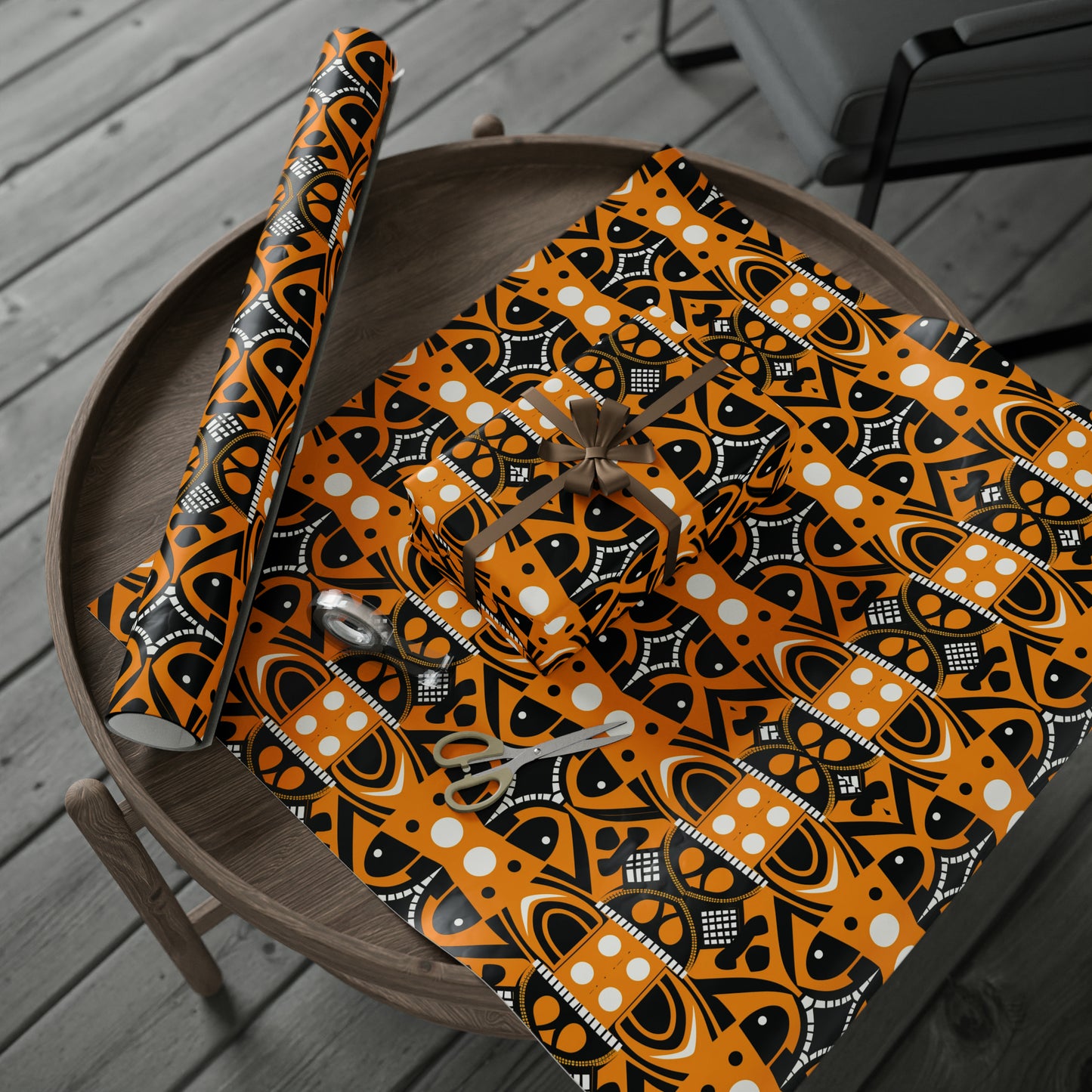 Orange Black African Print Wrapping Paper, Ethnic Print Wrapping Paper