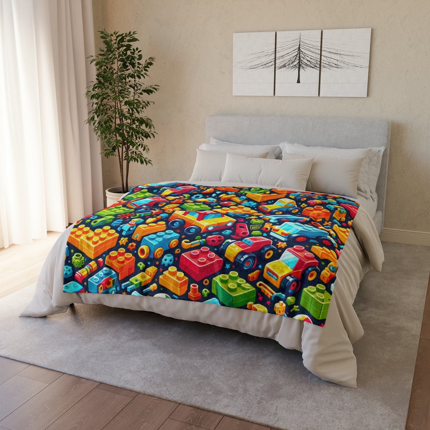 Colorful Building Block Pattern Throw Cover, Children's Car Themed Bedding