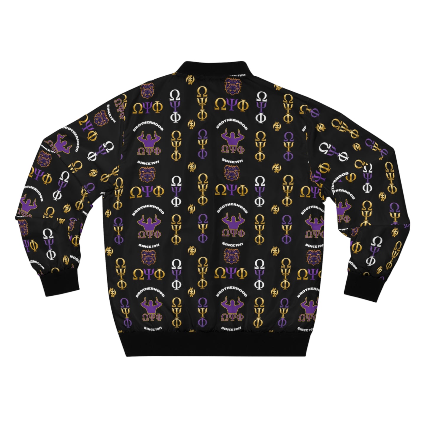 Men's Omega Psi Phi Bomber Jacket - Black, Purple, Gold - All-Over Print Fraternity Jacket