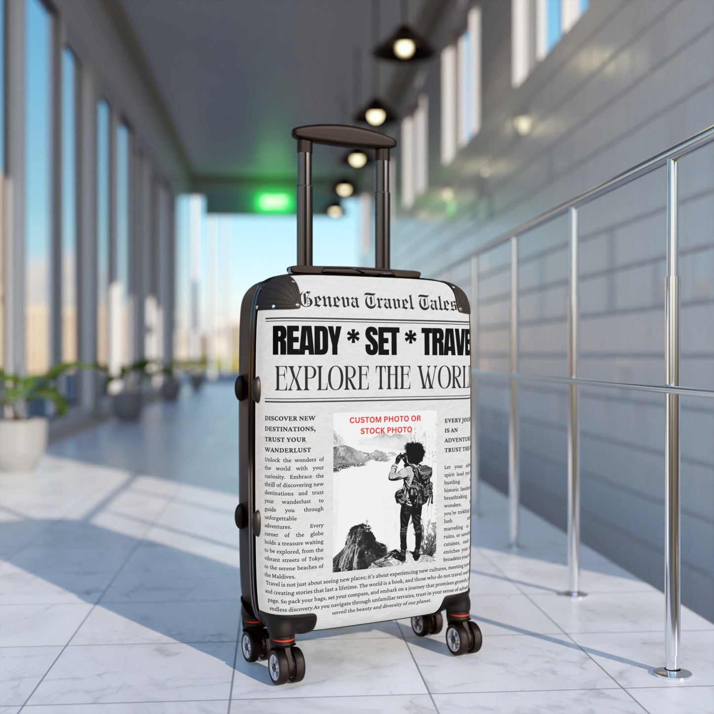 Custom Newspaper Style Suitcase, Black & White Travel Luggage, Unique Gift for Travel Enthusiasts, Personalized Travel Gear