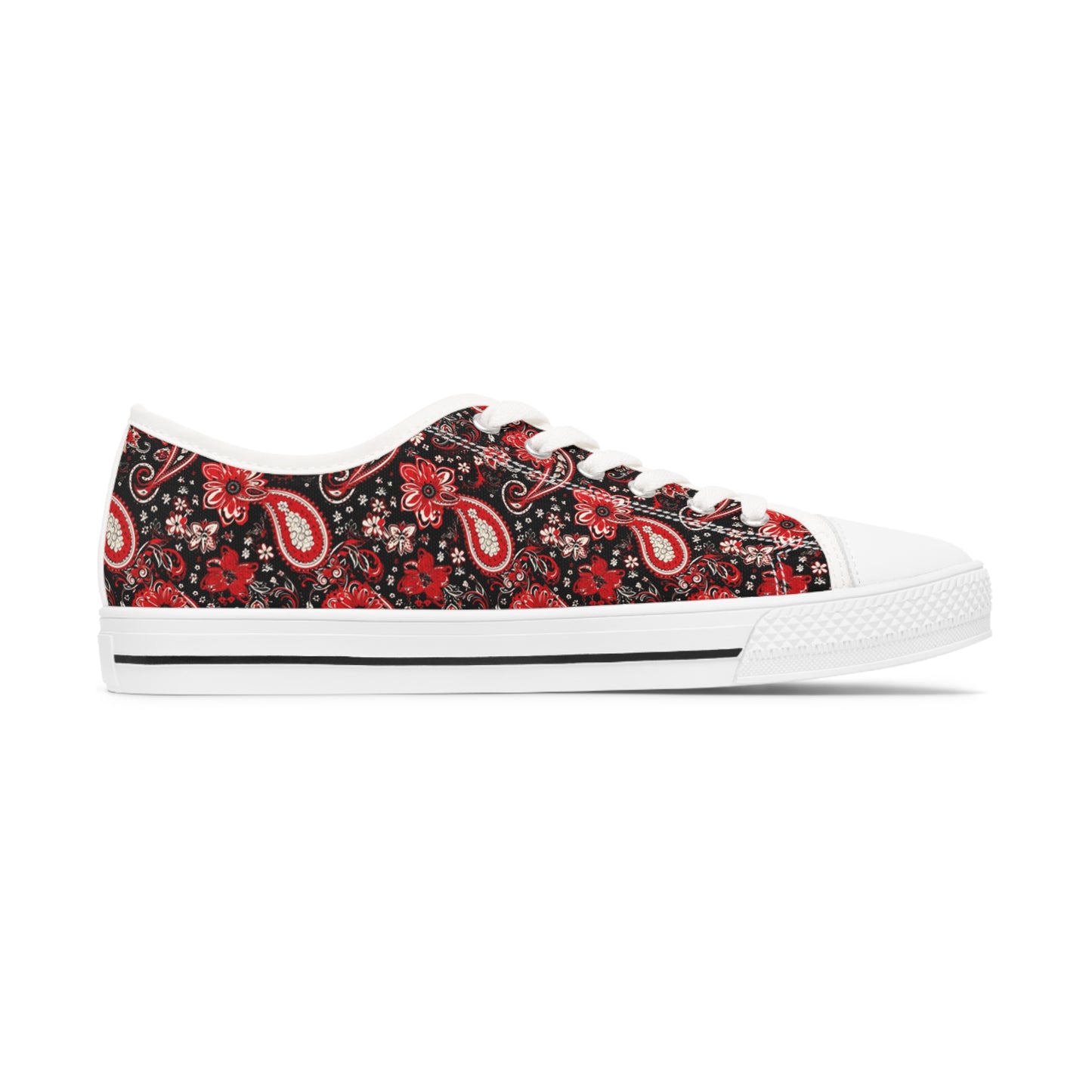 Black & Red Paisley Print Women's Low Top Sneakers, Stylish Paisley Pattern Sneakers