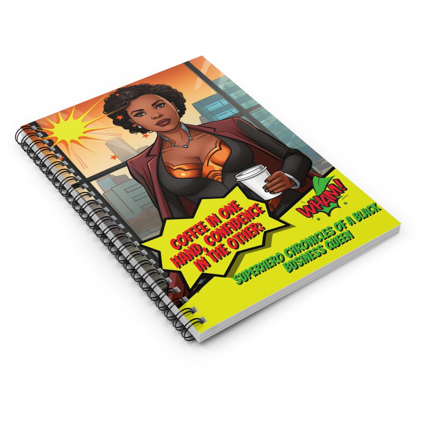 Black Woman Superhero Spiral Notebook, Caffine & Confidence Girl Boss Notebook