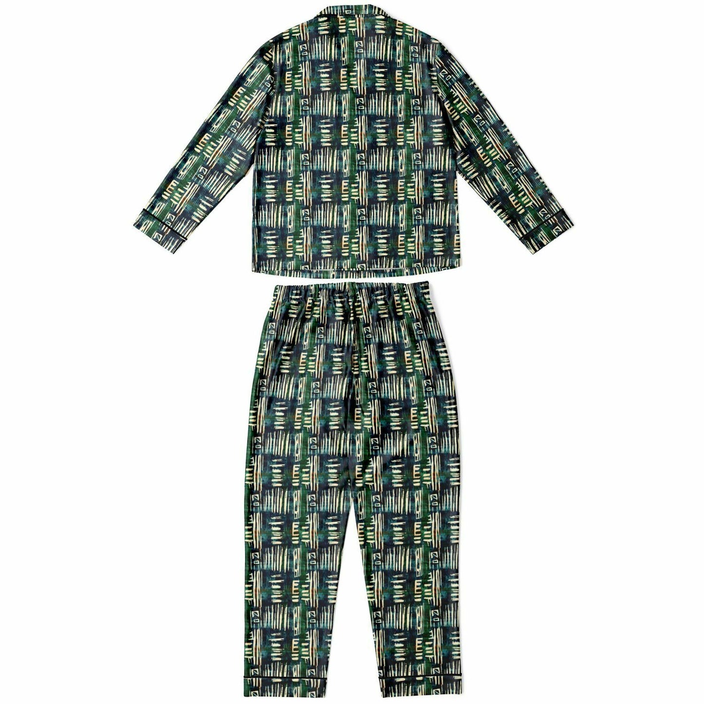 Jungle Safari African Mud Cloth Women's Satin Pajamas, Luxurious Green Mud Cloth Pattern Satin Pajama Set