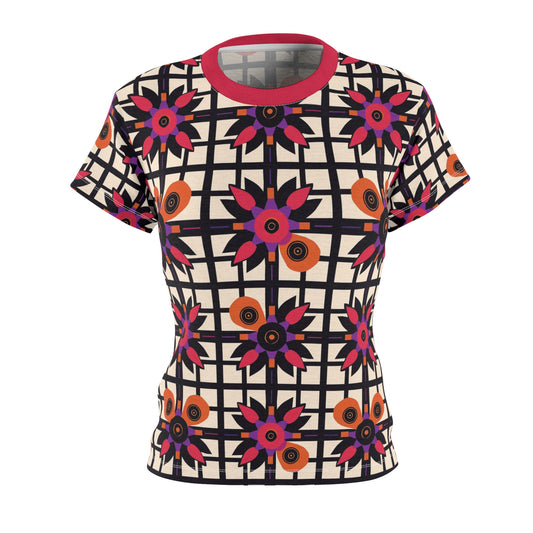 Vibrant Geometric Streetwear Style  Floral Women's Cut & Sew Tee, Colorful All Over Print