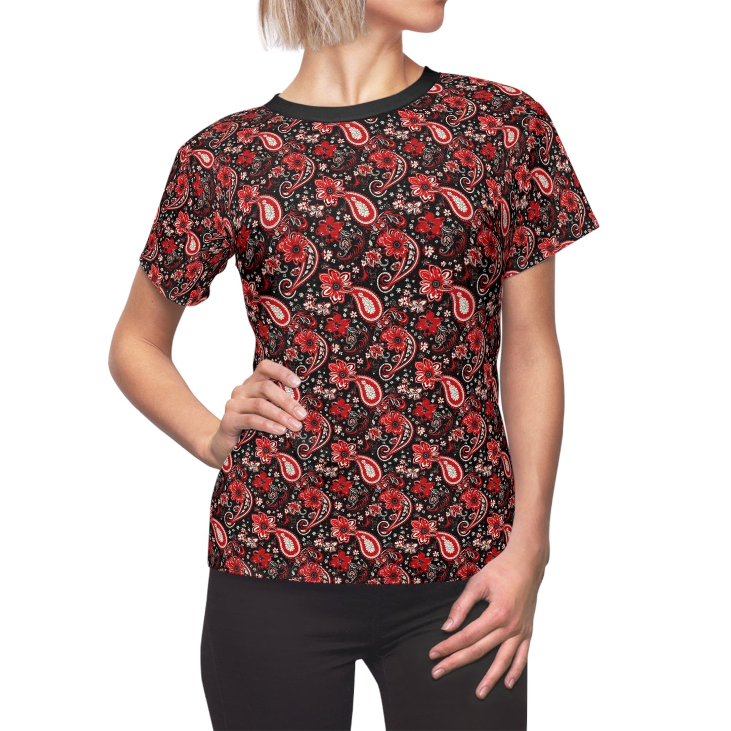 Classic Red & Black Paisley Print Women's T-Shirt, Red Bandana Print Apparel