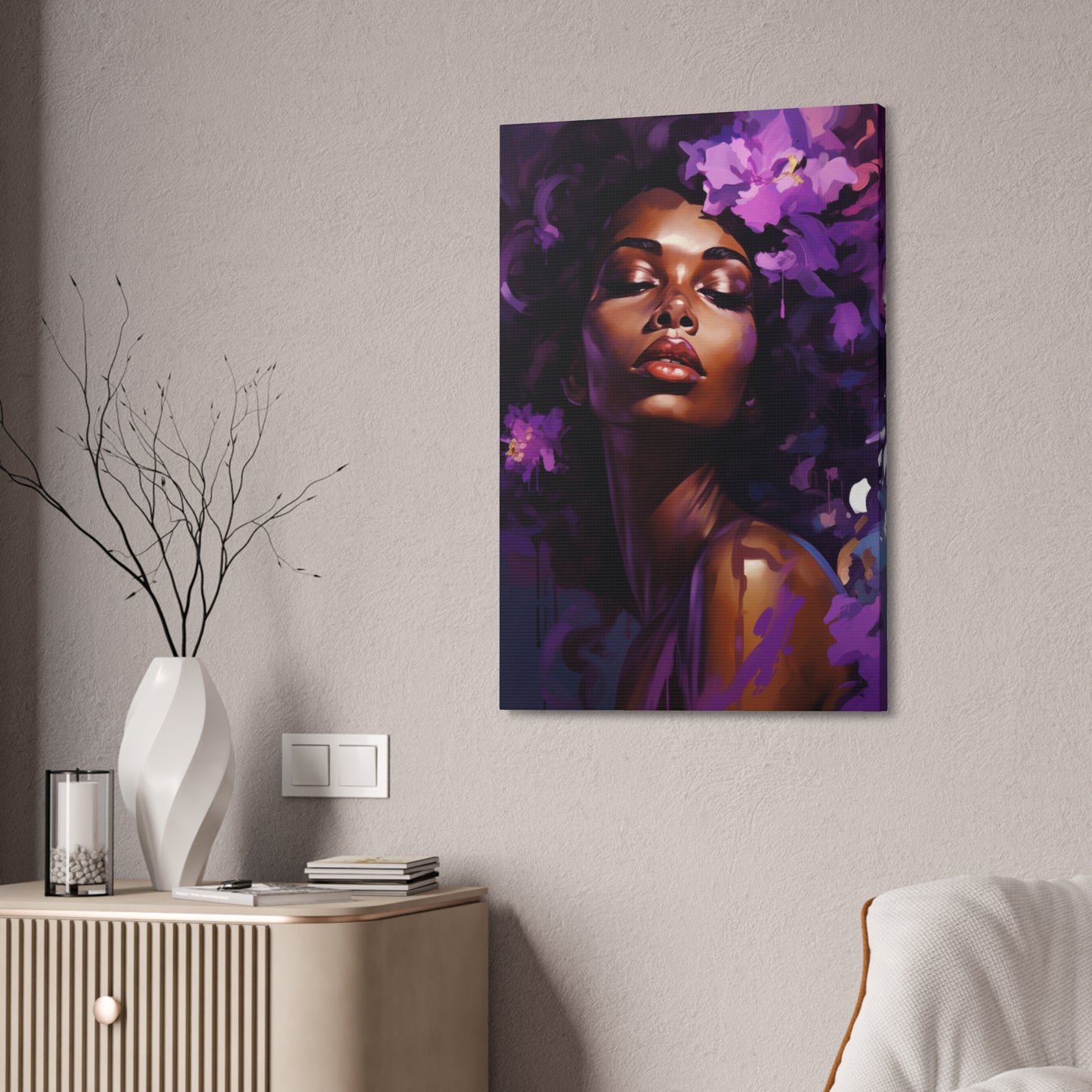 African Woman Stretched Canvas Print - Art Nouveau Purple Decor Canvas Poster