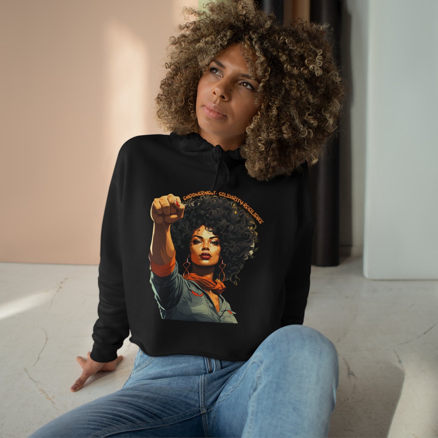 Black Woman Empowerment Crop Hoodie, Raised Fist Black Power Women's Cropped Hoodie