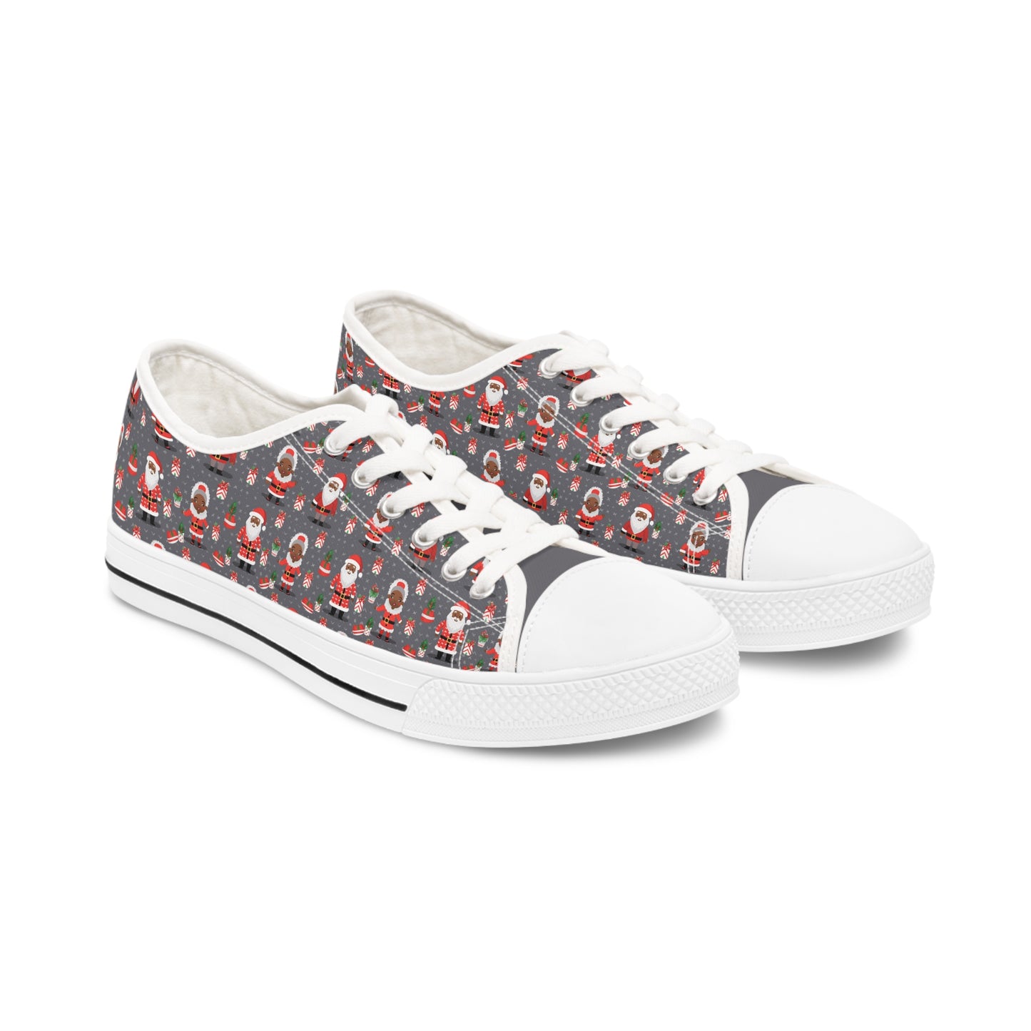 Black Santa & Mrs Claus Grey Christmas Low Top Tennis Shoes,  Unique Women's Holiday Sneakers