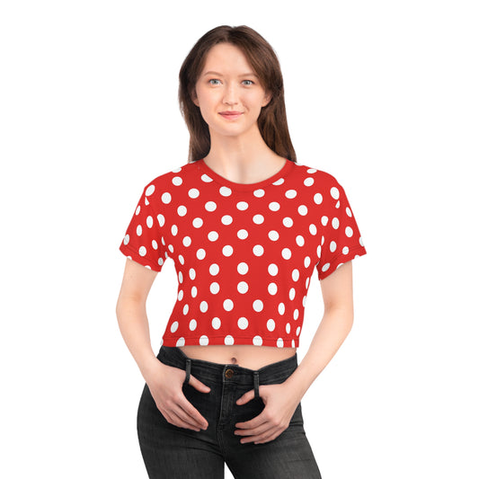 Red and White Polka Dot Crop Tee, Retro Print Women's Fashion