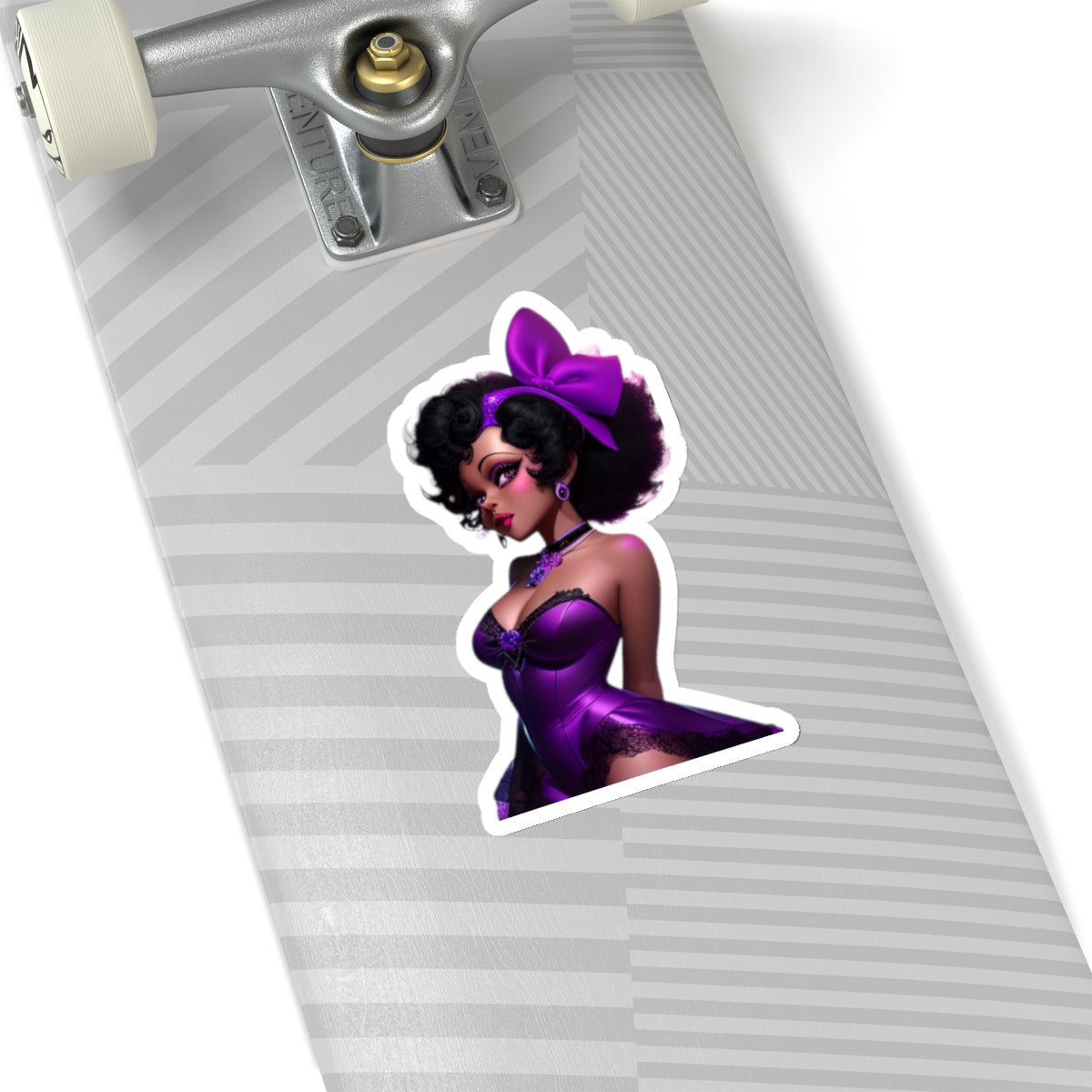 Black Woman Pin-Up Girl Sticker, Sexy Black Woman in Purple Lingerie Sticker