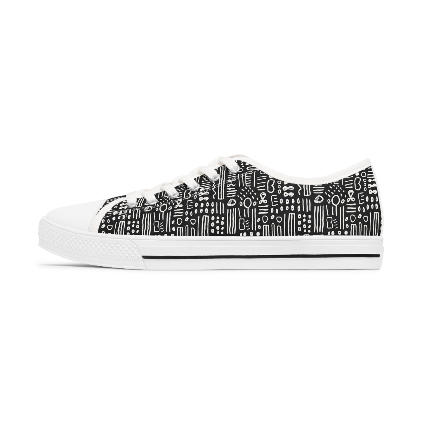 Black & White African Mud Cloth Print Women's Low Top Tennis Shoes, Abstract Print Women's Fashionable Low Top Sneakers