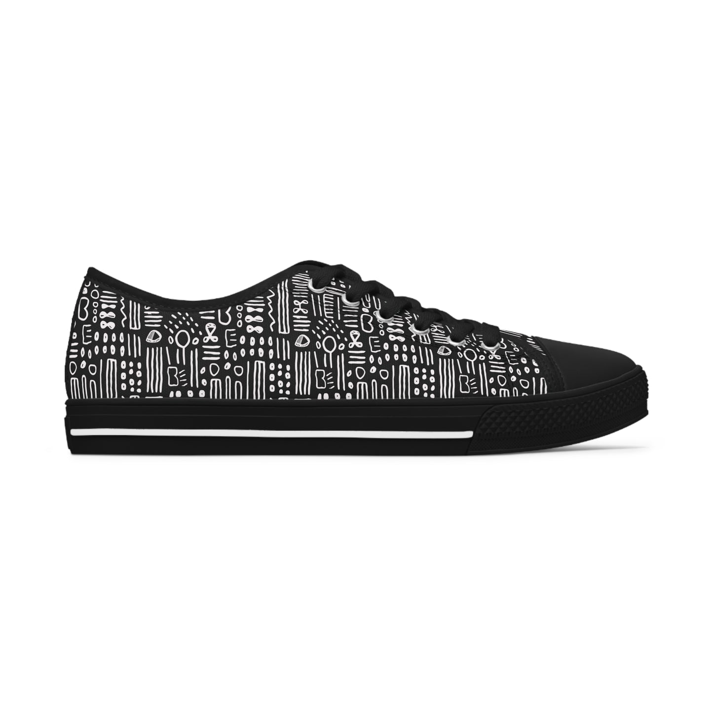 Black & White African Mud Cloth Print Women's Low Top Tennis Shoes, Abstract Print Women's Fashionable Low Top Sneakers