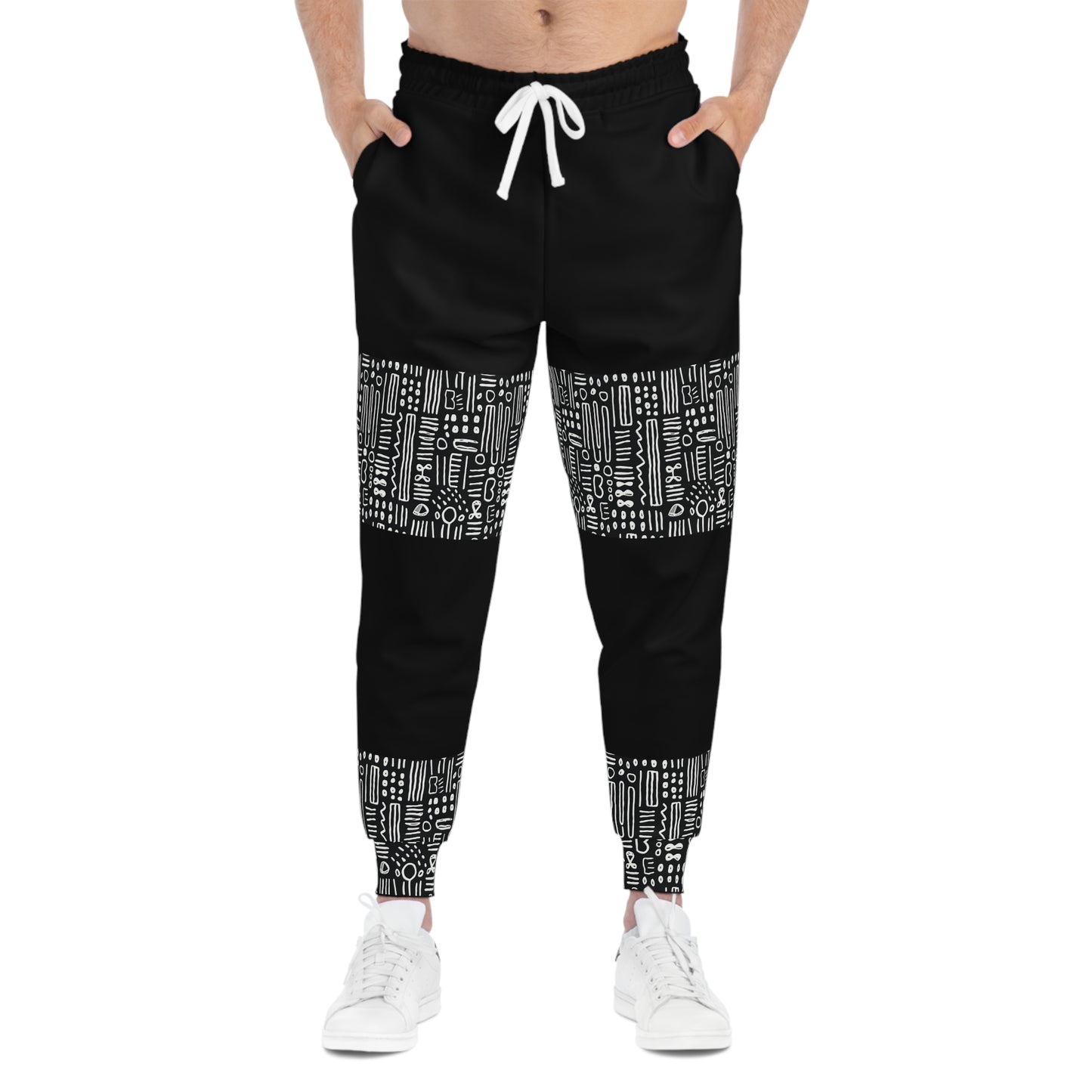 Mud Cloth Print Unisex Joggers, Black & White Color Block African Print Bottoms