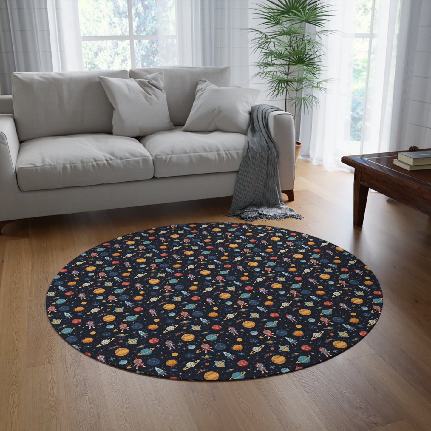 Stylish Space Theme 60" Round Chenille Rug, Kids Playroom Planets & Astronauts Decor