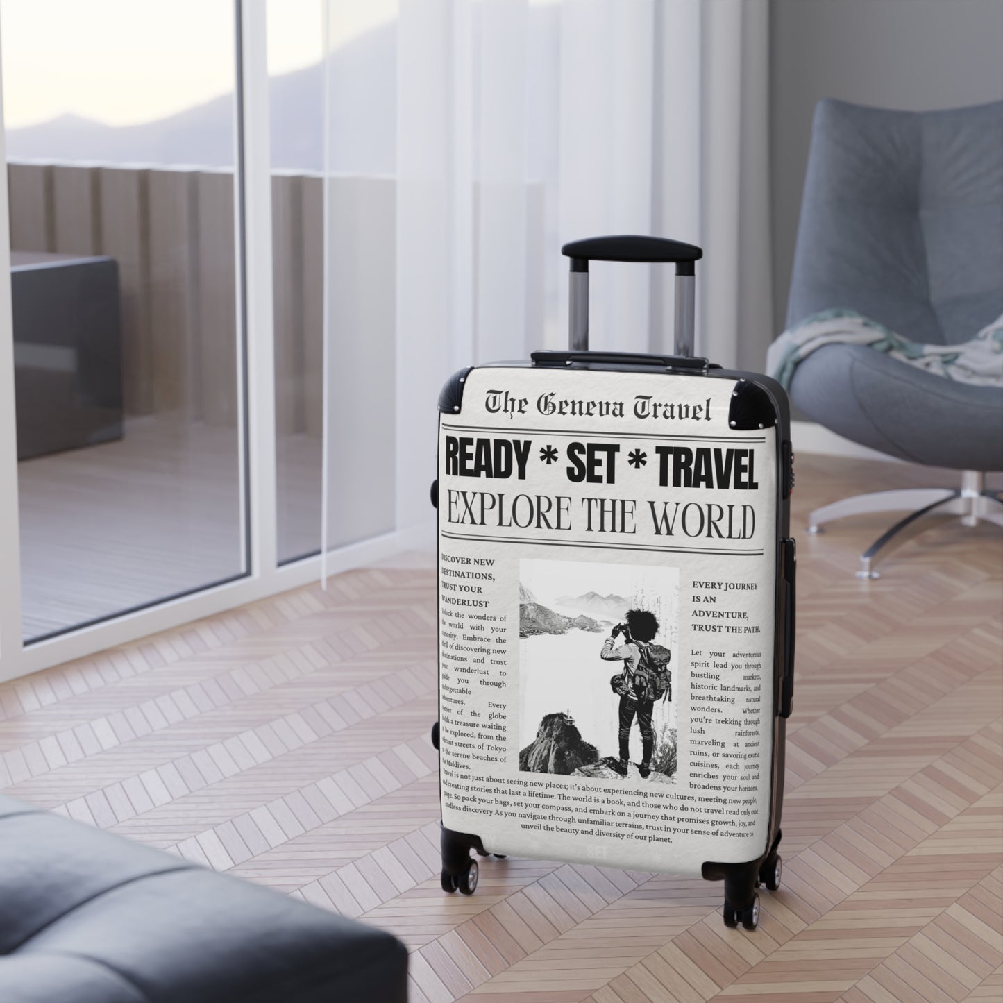 Custom Newspaper Style Suitcase, Black & White Travel Luggage, Unique Gift for Travel Enthusiasts, Personalized Travel Gear