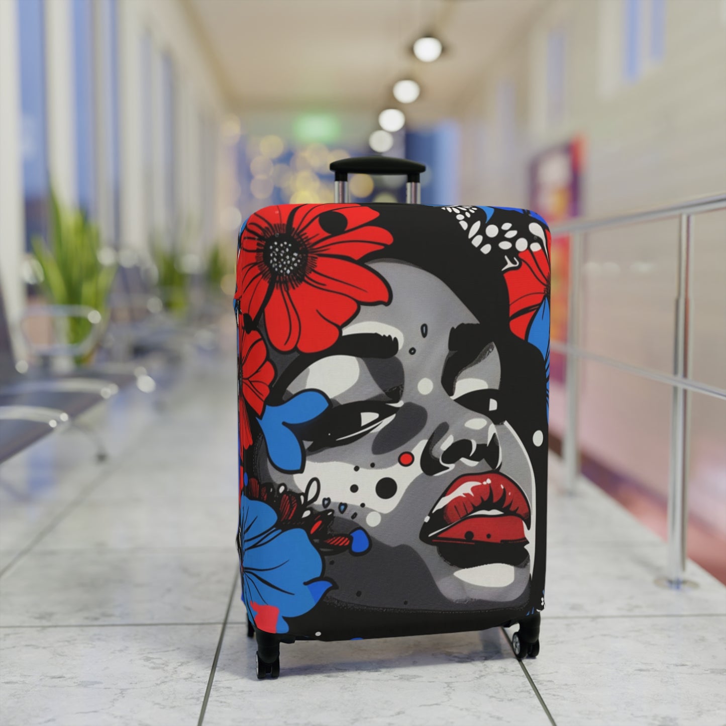 Afrocentric Floral Portrait Luggage Cover, Pop Art Streetwear Black Queen Suitcase Protector