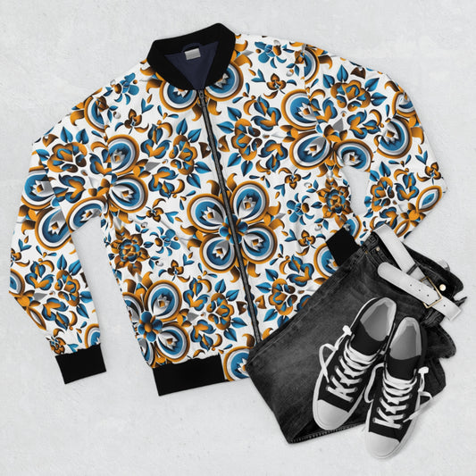 Men's African Print Bomber Jacket, Blue & Yellow Floral Pattern, Vibrant Cultural Style