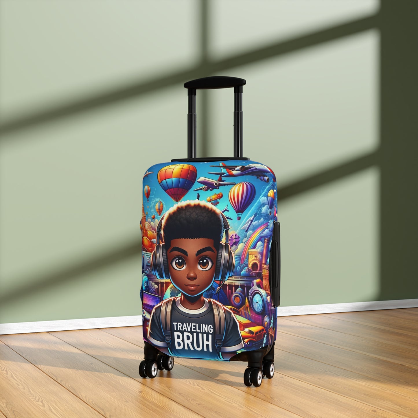 Traveling Bruh Moment Luggage Cover, Black Boy Joy Suitcase Protector