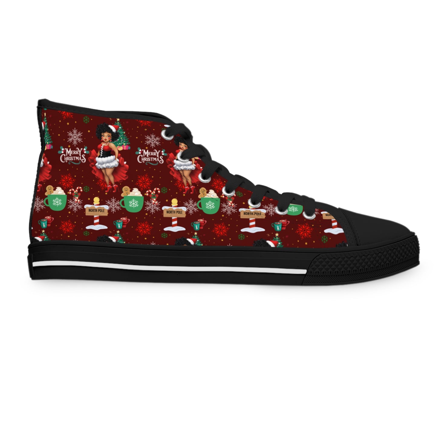 Black Mrs. Claus Women's HighTop Christmas Sneakers, Mrs. Claus Christmas Apparel