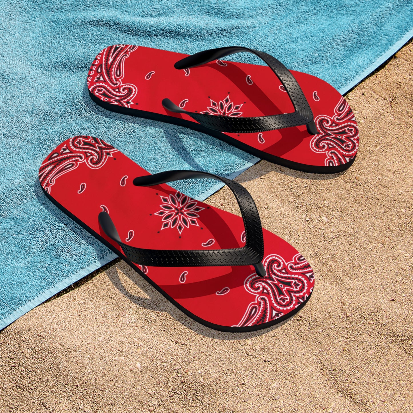 Vibrant Red Bandana Women Flip Flops, Paisley Print Sandals