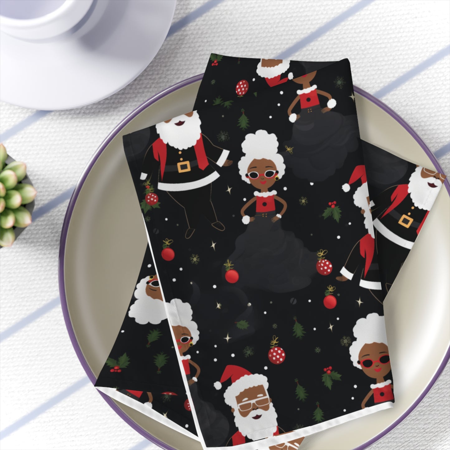 Black Santa and Mrs Claus Reusable Fabric Napkins, 4-Set of Christmas Cloth Napkins