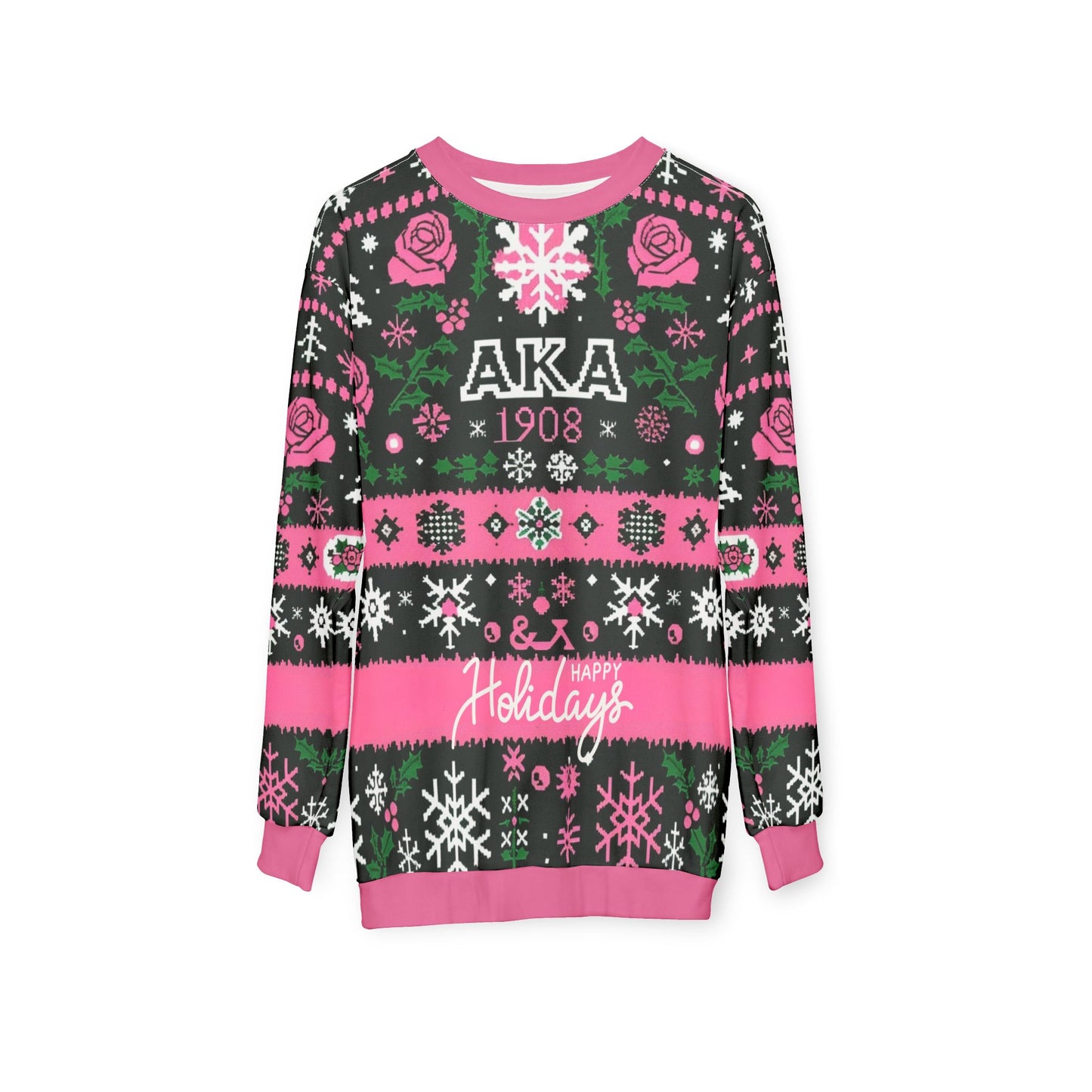 AKA Sorority Celebration Holiday Ugly Sweatshirt All Over Print, Festive Pink and Green