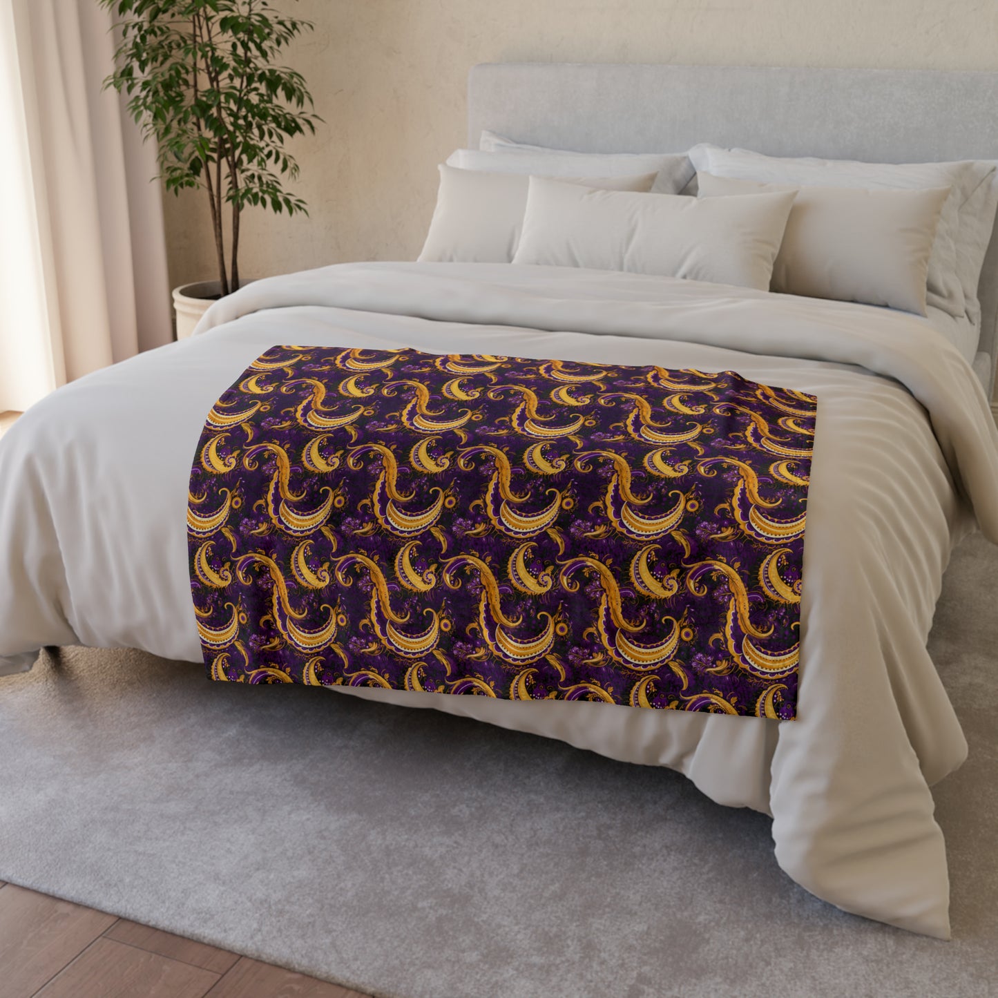 Purple & Gold Laker Fan Inspired Throw Cover, Purple and Gold Paisley Print Cover, Paisley Print Home Textiles