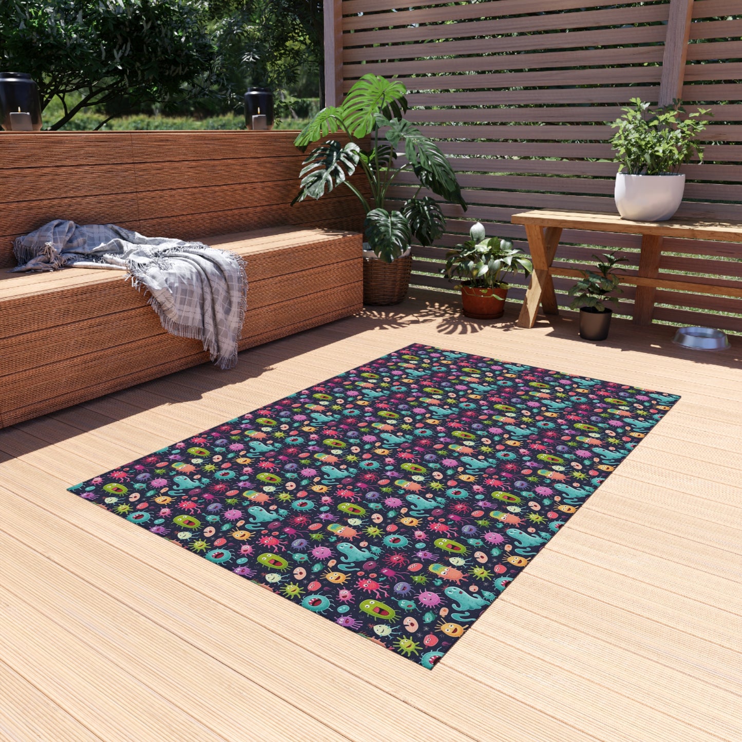 Playful Bacteria Outdoor Rug, Microbe Themed Patio Decor