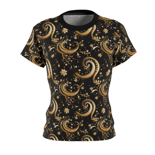 Black & Gold Paisley Print Elegant Women's Cut Top, Black and Gold Bandana Print Luxury Top