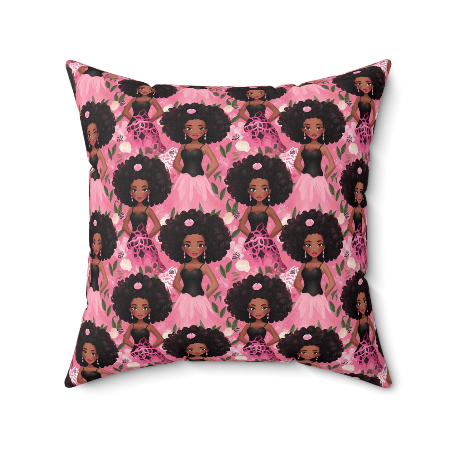 Black Baby Doll Throw Polyester Pillow, Pink African American Baby Doll Pillow