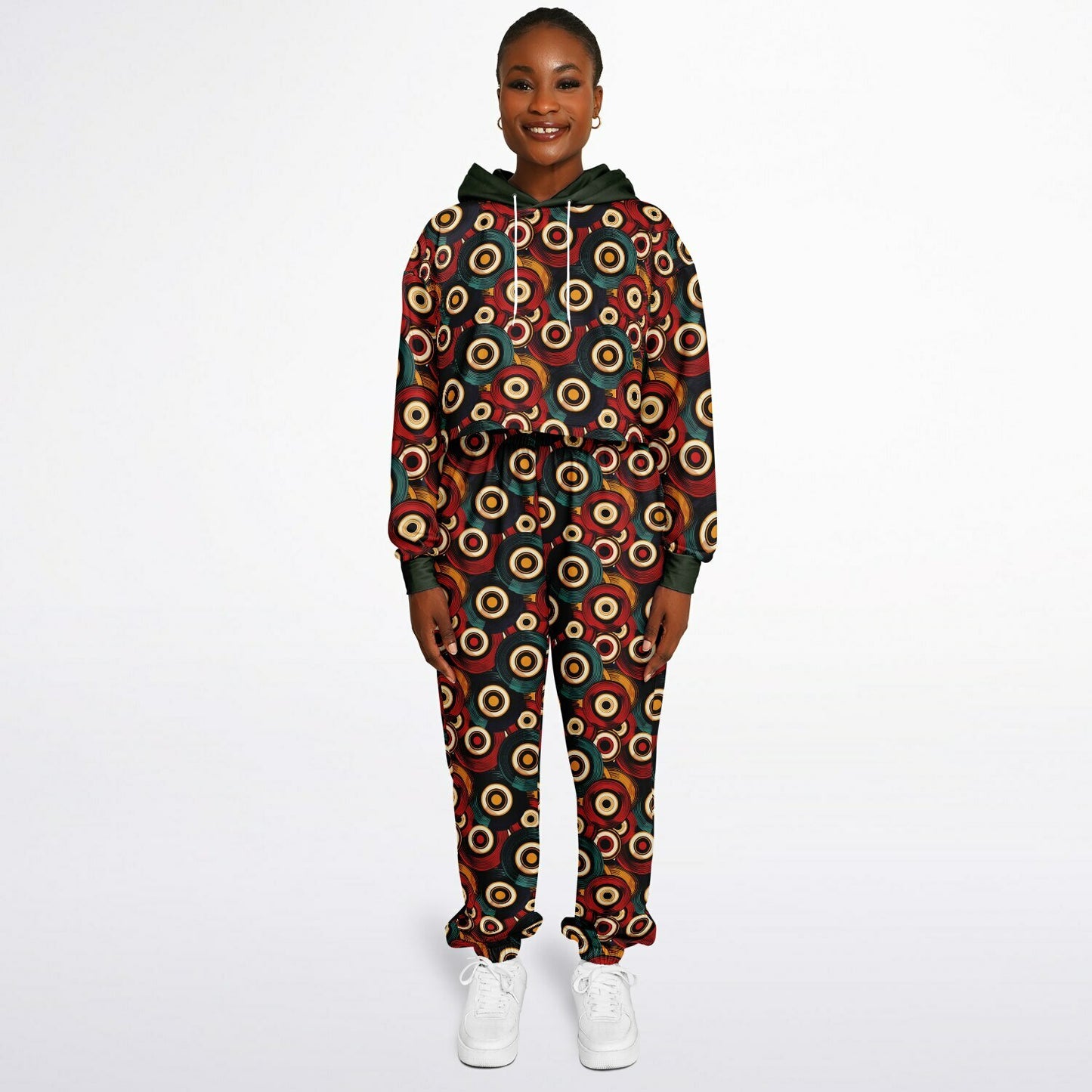 African Ankara-Inspired Geometric Dance Hoodie & Sweatpants Set, Fall Tones Urban Streetwear for Women