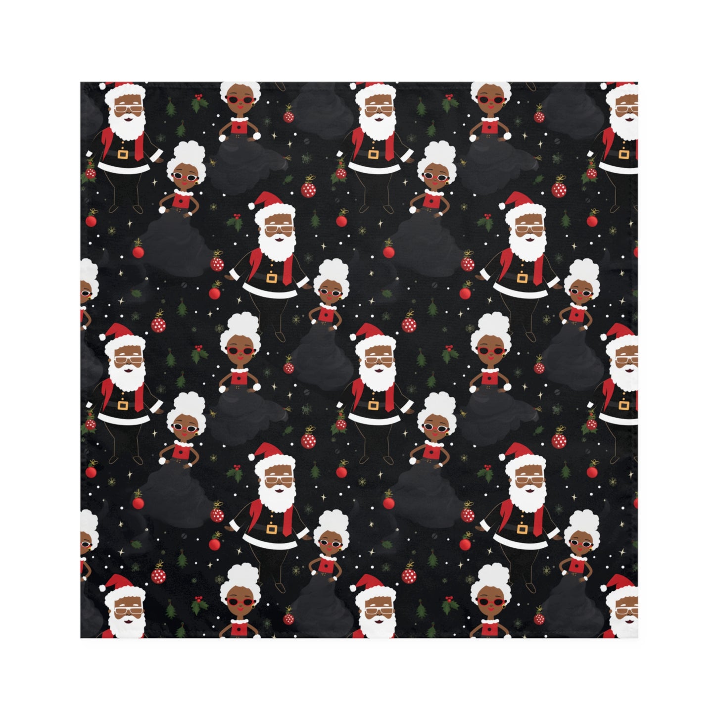 Black Santa and Mrs Claus Reusable Fabric Napkins, 4-Set of Christmas Cloth Napkins