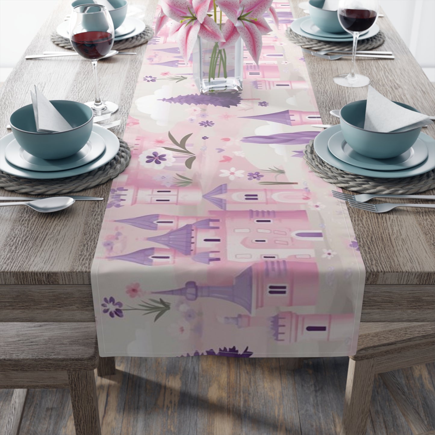 Enchanted Princess Castle Table Runner – Polyester & Cotton Twill with Tiara & Rose Accents