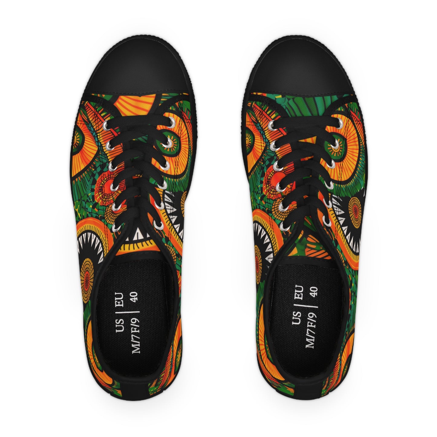 Orange, Green Yellow Africa Ankara Print Women's Low Top Sneakers, Black & Red Geometric Pattern Canvas Shoes, Comfortable Tribal Print