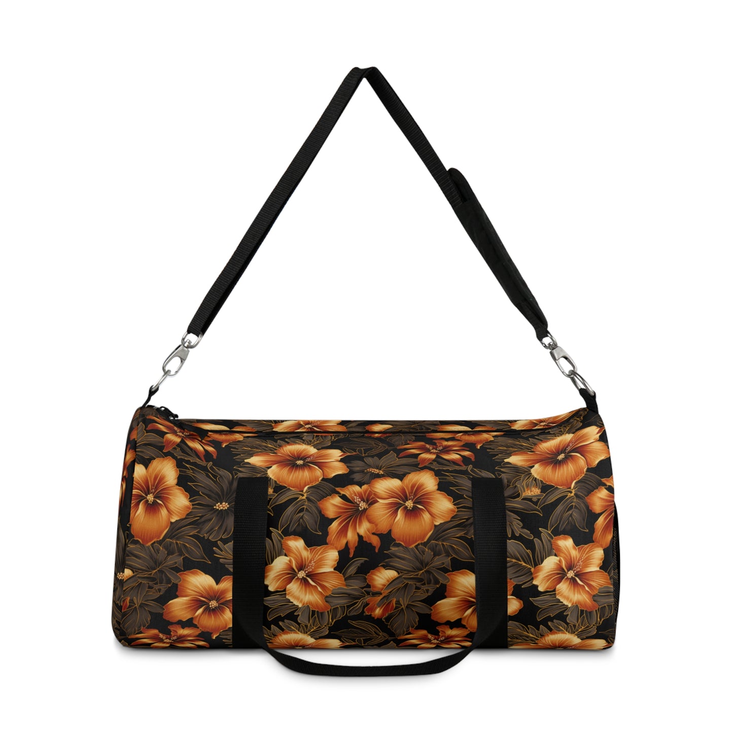 Golden Floral Hawaiian Print Duffle Bag, Black & Yellow Hawaiian Gym Bag