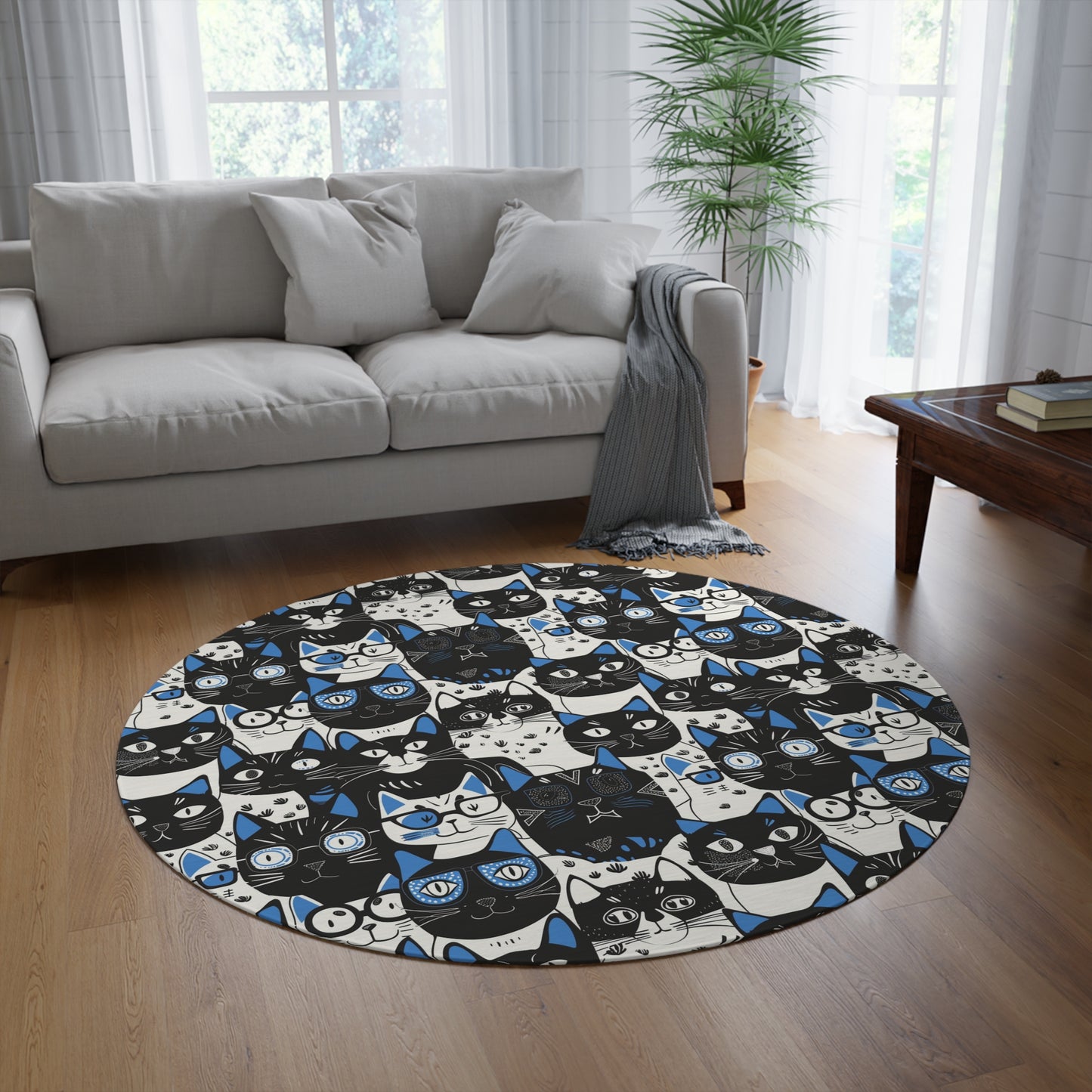 Blue Whimsical Cat Faces Round Rug,  Playful Black, White, and Pink Design , 60" Chenille Decorative Rug