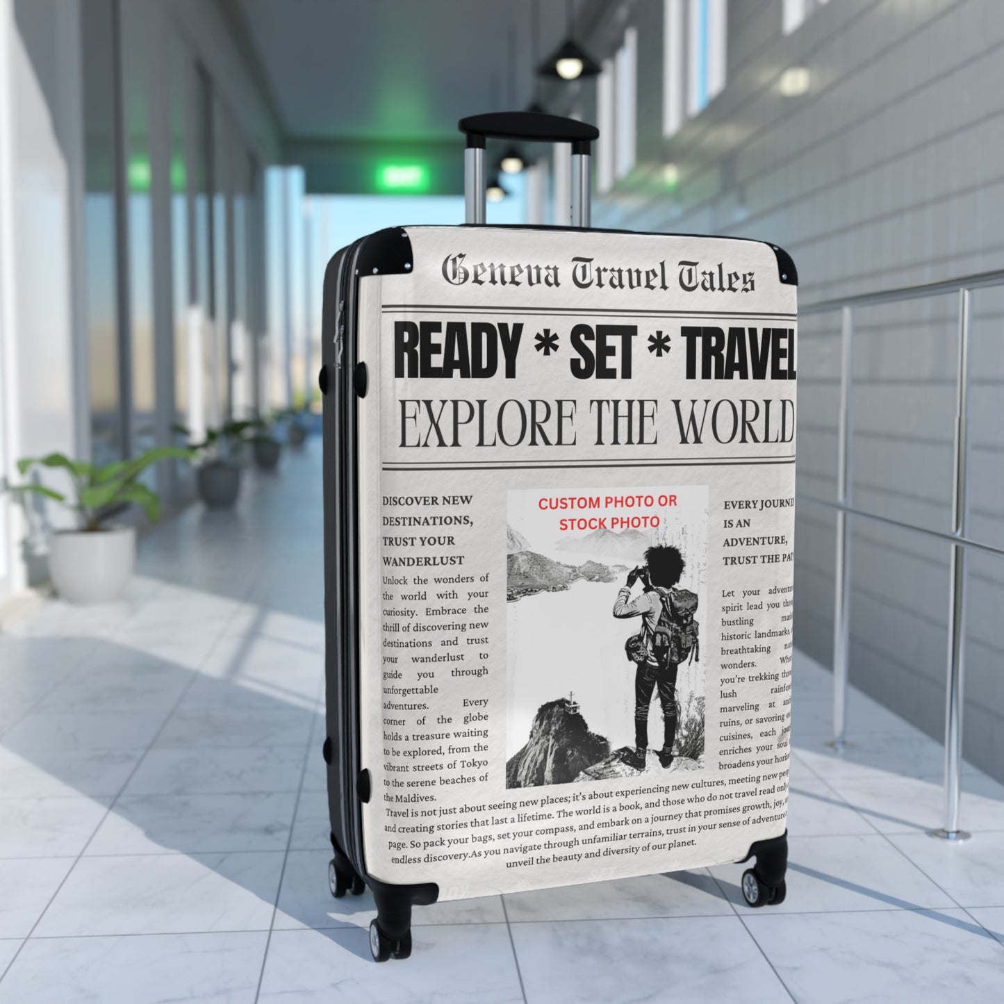 Custom Newspaper Style Suitcase, Black & White Travel Luggage, Unique Gift for Travel Enthusiasts, Personalized Travel Gear