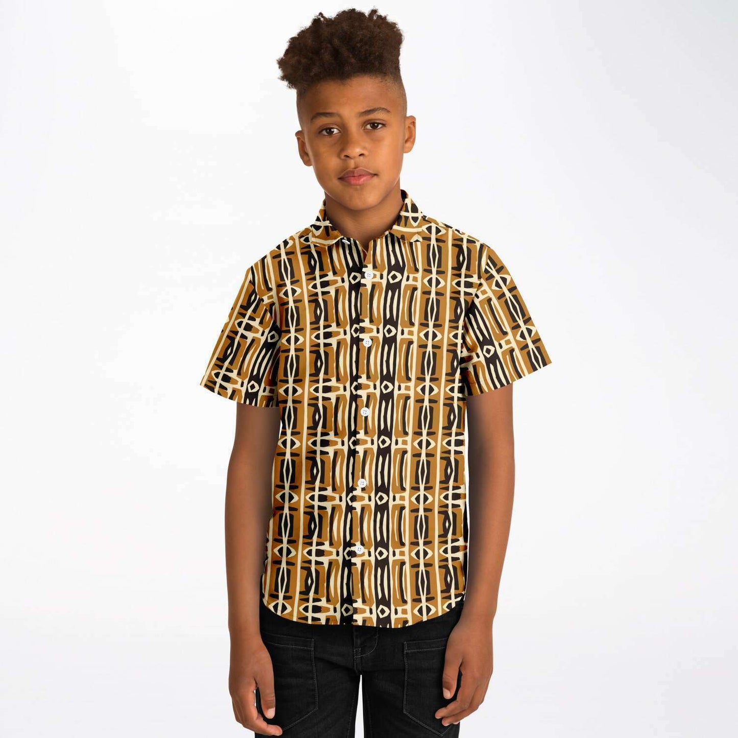 Brown and Cream African Mud Cloth Print Kids' Button-Up Shirt