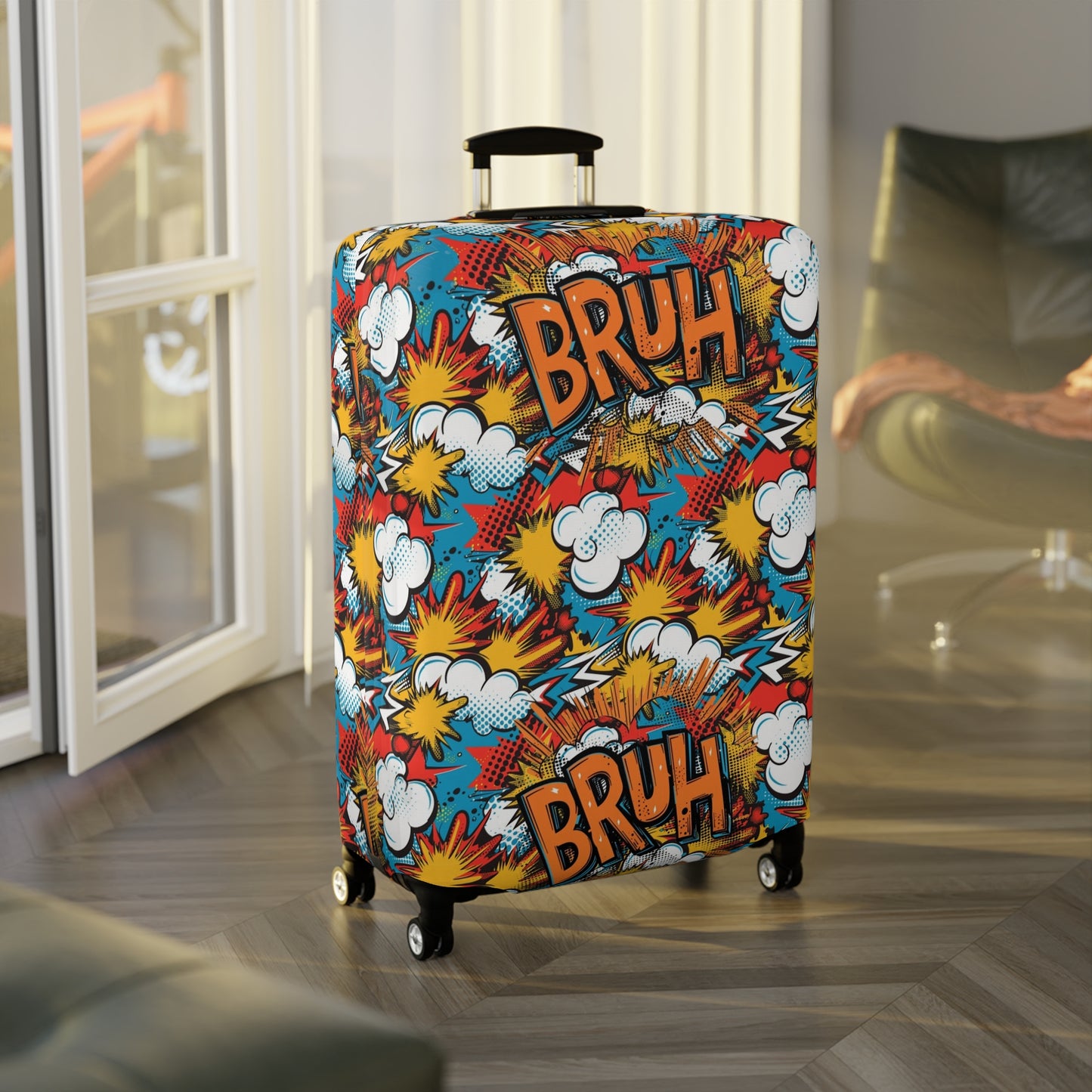 Comic Book Explosion "Bruh Moment" Luggage Cover, Pop Art Style Suitcase Protector