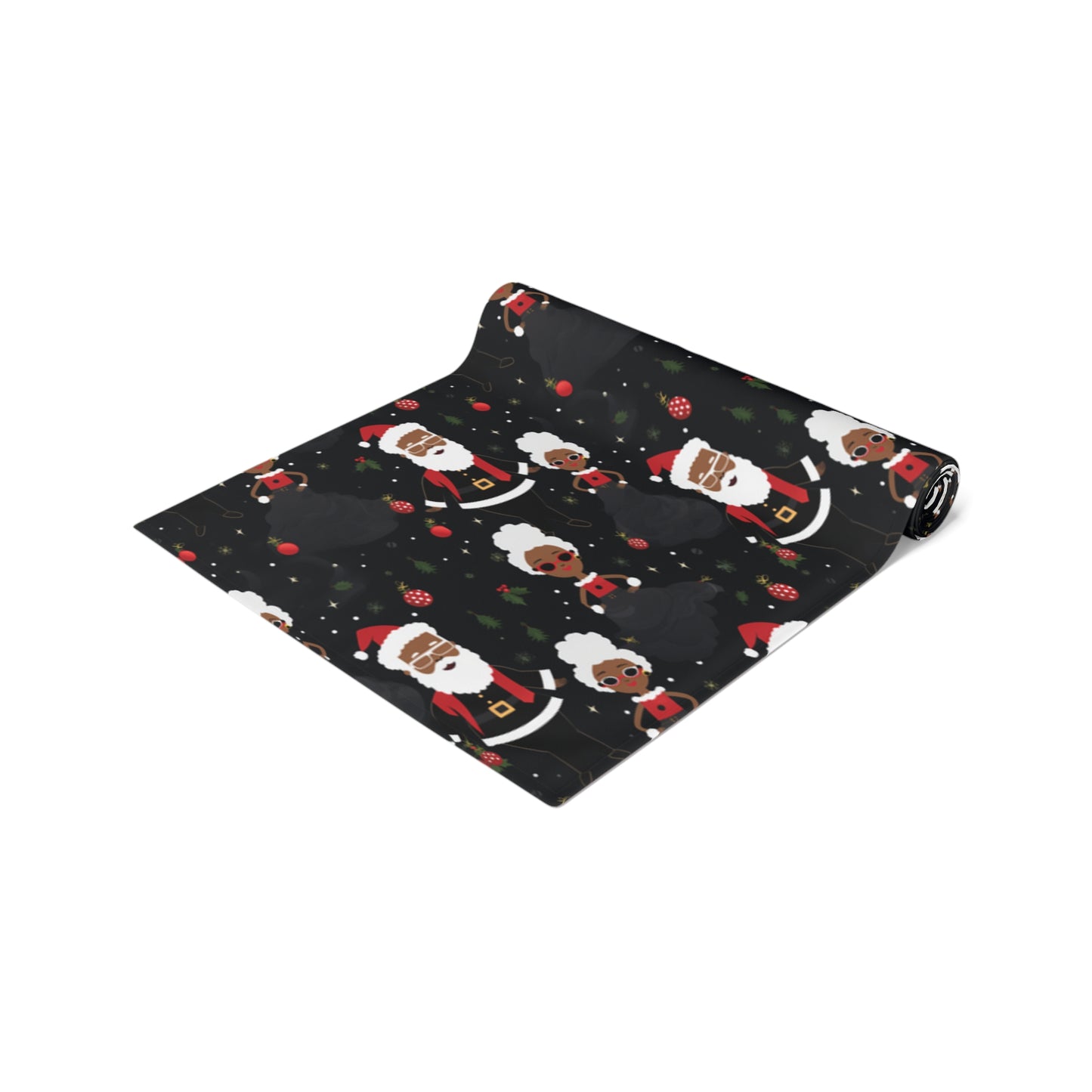 Black Santa & Mrs. Claus Christmas Table Runner, Holiday Table Runner, Festive Xmas Pattern