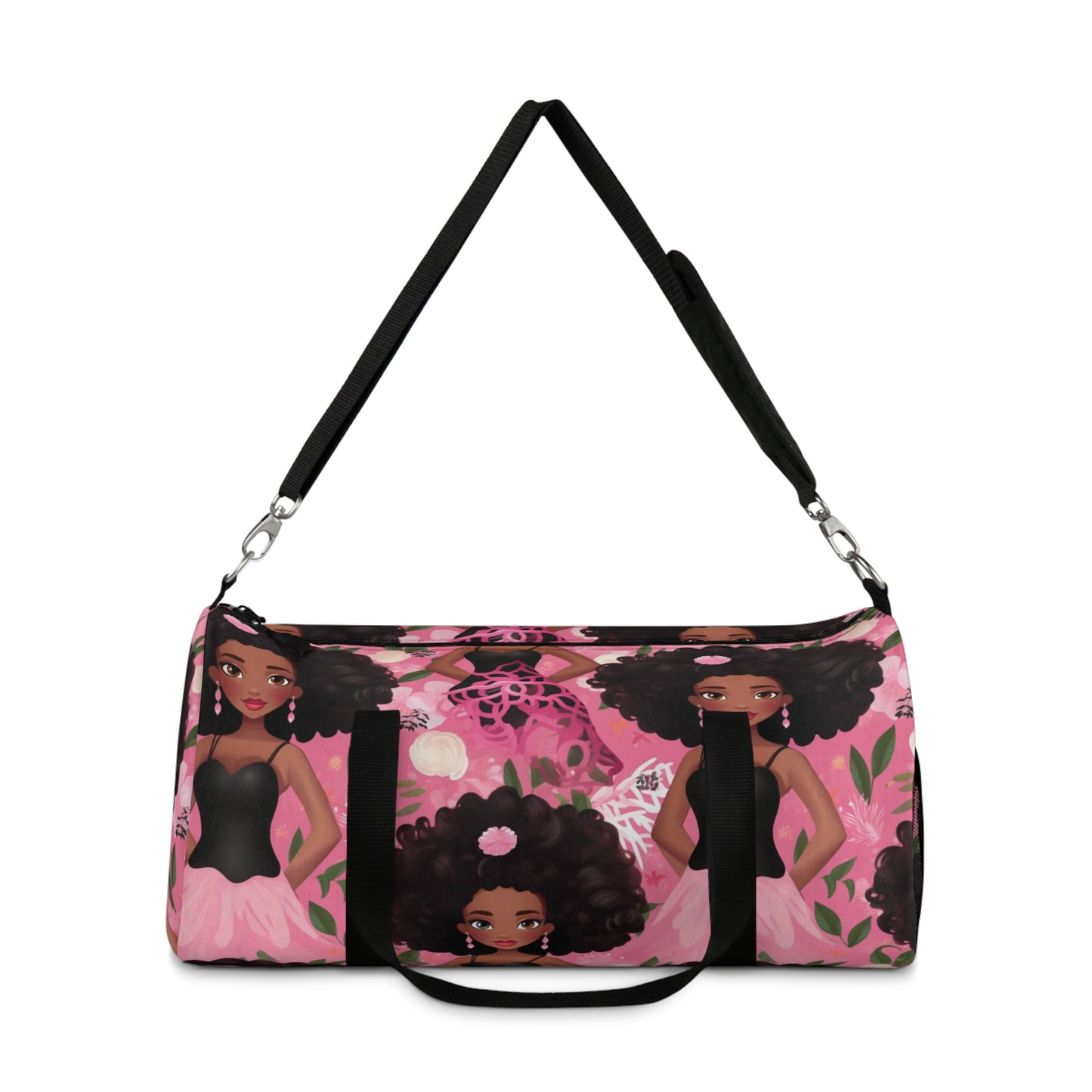 Black Baby Doll Print Duffle Bag, African American Doll Themed Overnight Bag