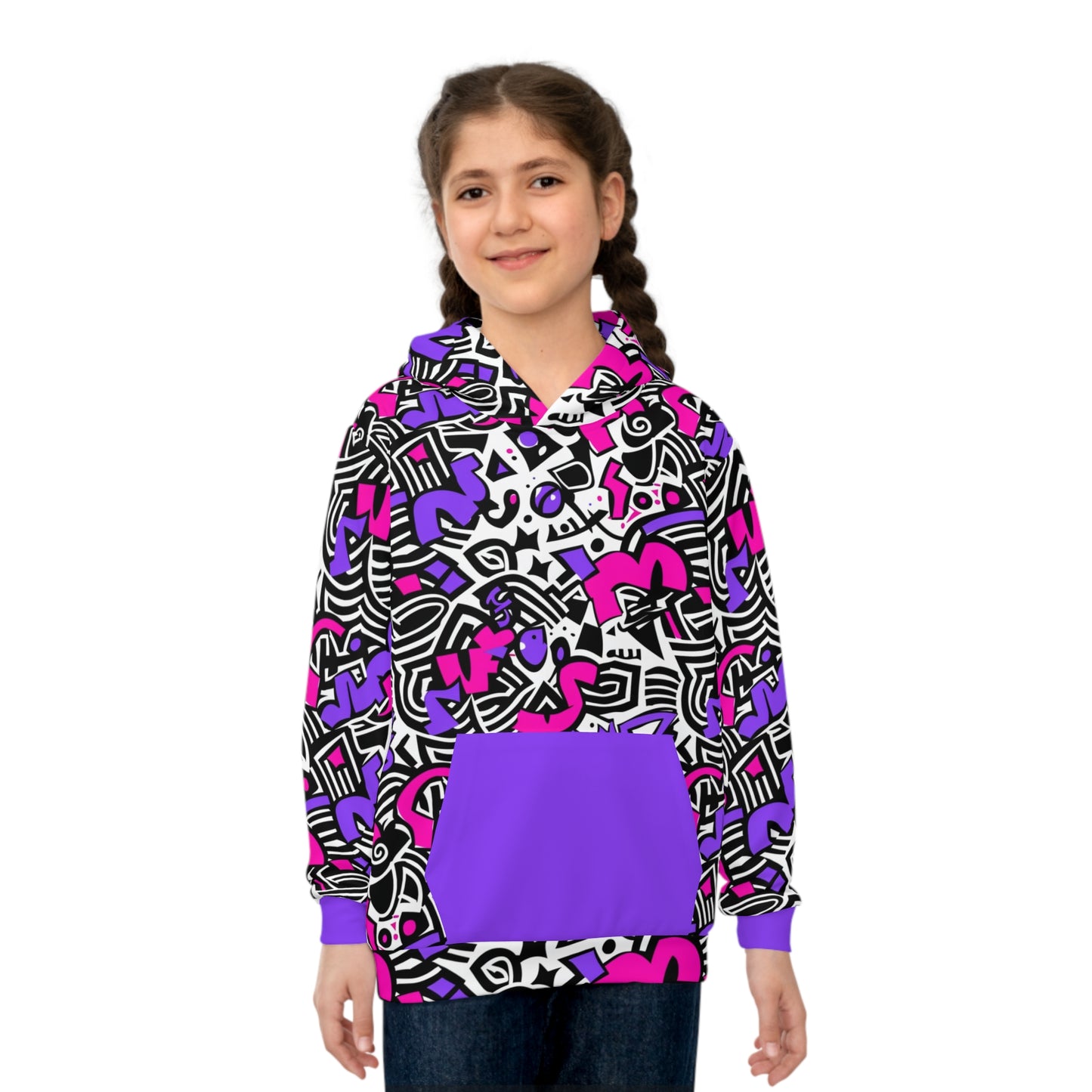 Colorful Memphis Pattern Kids Hoodie,  All-Over Print, Front Kangaroo Pocket