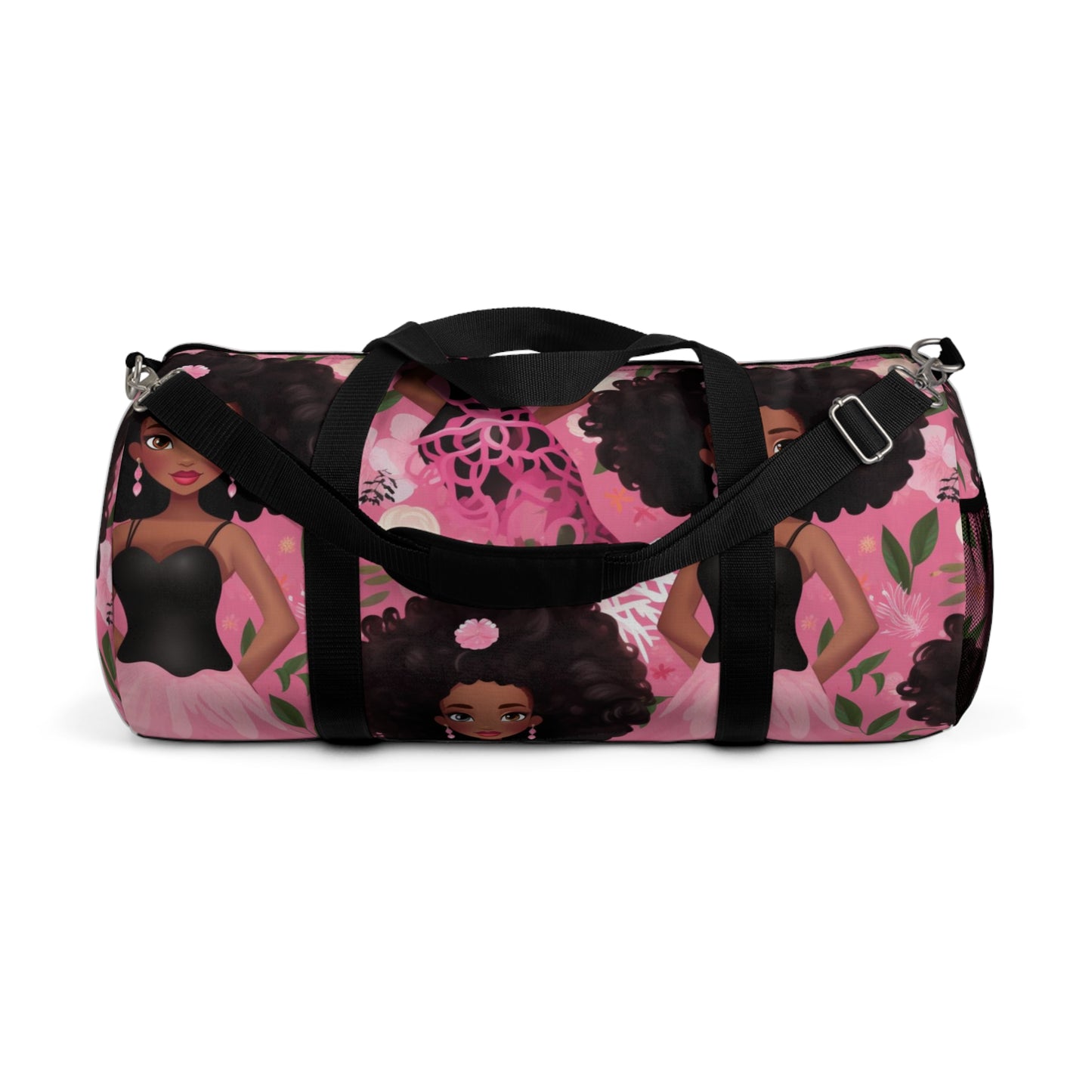 Black Baby Doll Print Duffle Bag, African American Doll Themed Overnight Bag