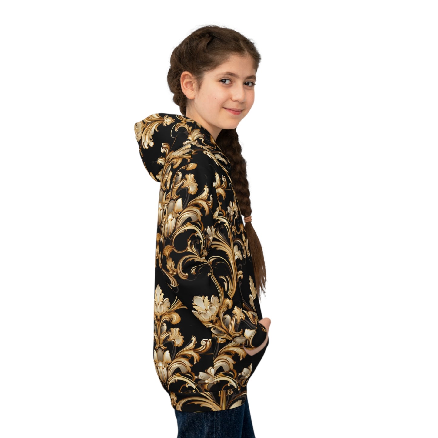 Baroque-Inspired Gold Print Hoodie, Urban Streetwear Style Sweater for Kids