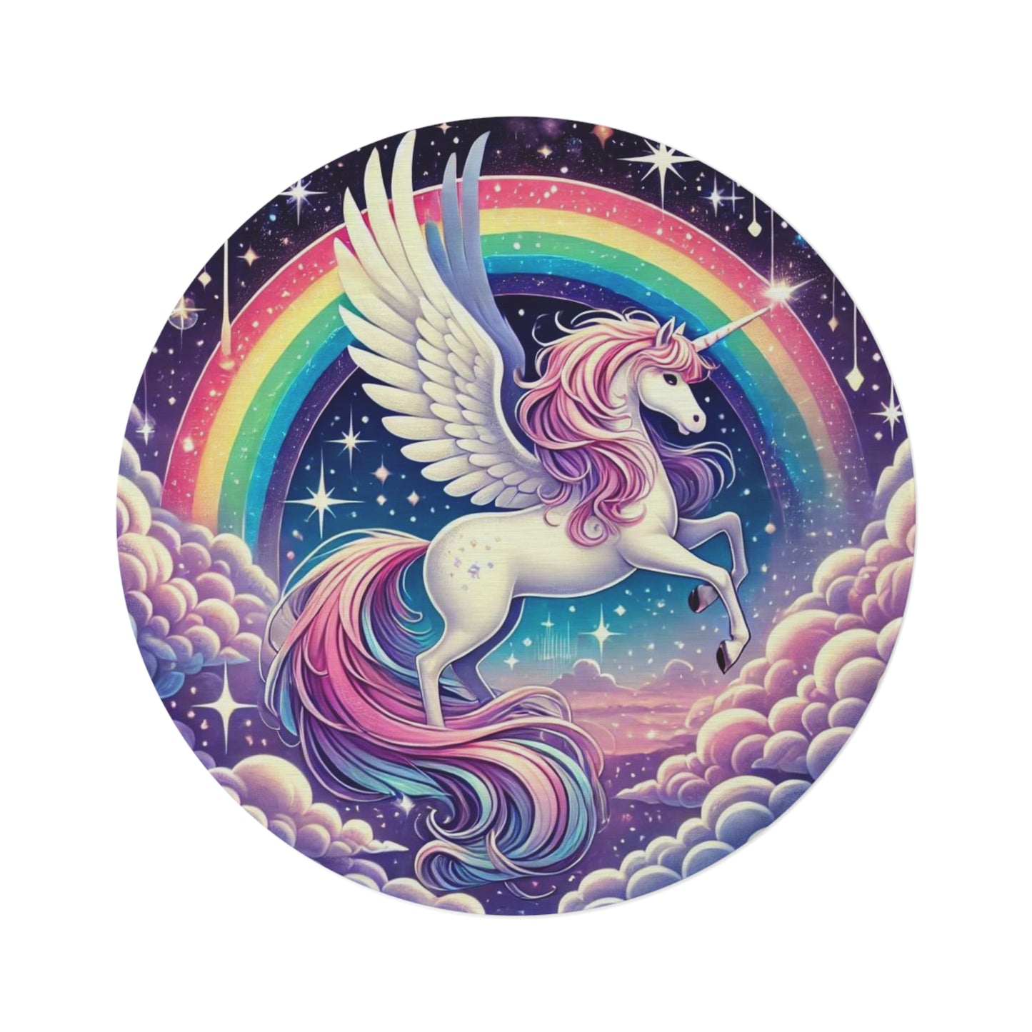 Magical Pegasus Unicorn Round Rug, Chenille 60" Rainbow Design