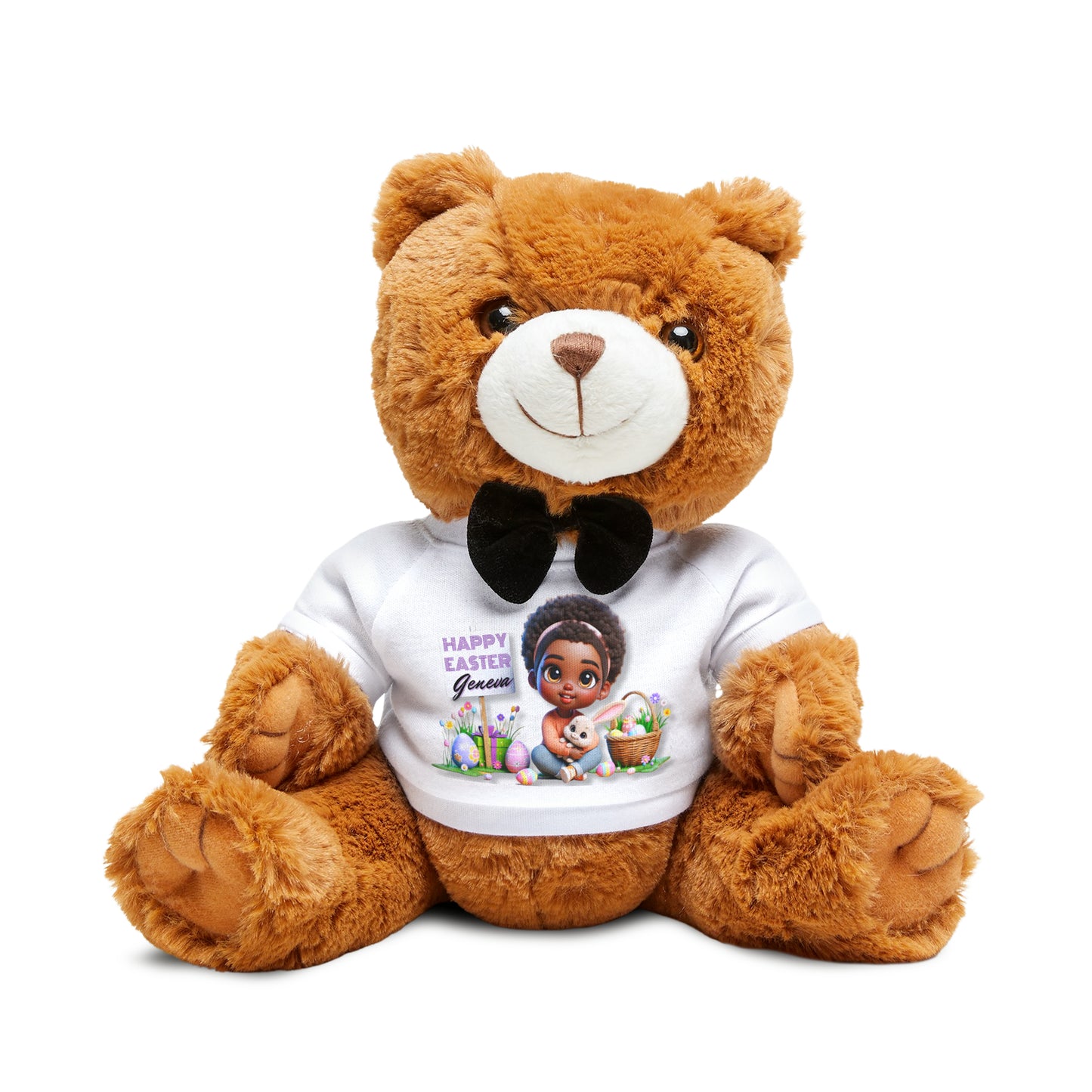 Customizable Easter Teddy Bear with Personalized T-Shirt, African American Girl Design with Easter Eggs