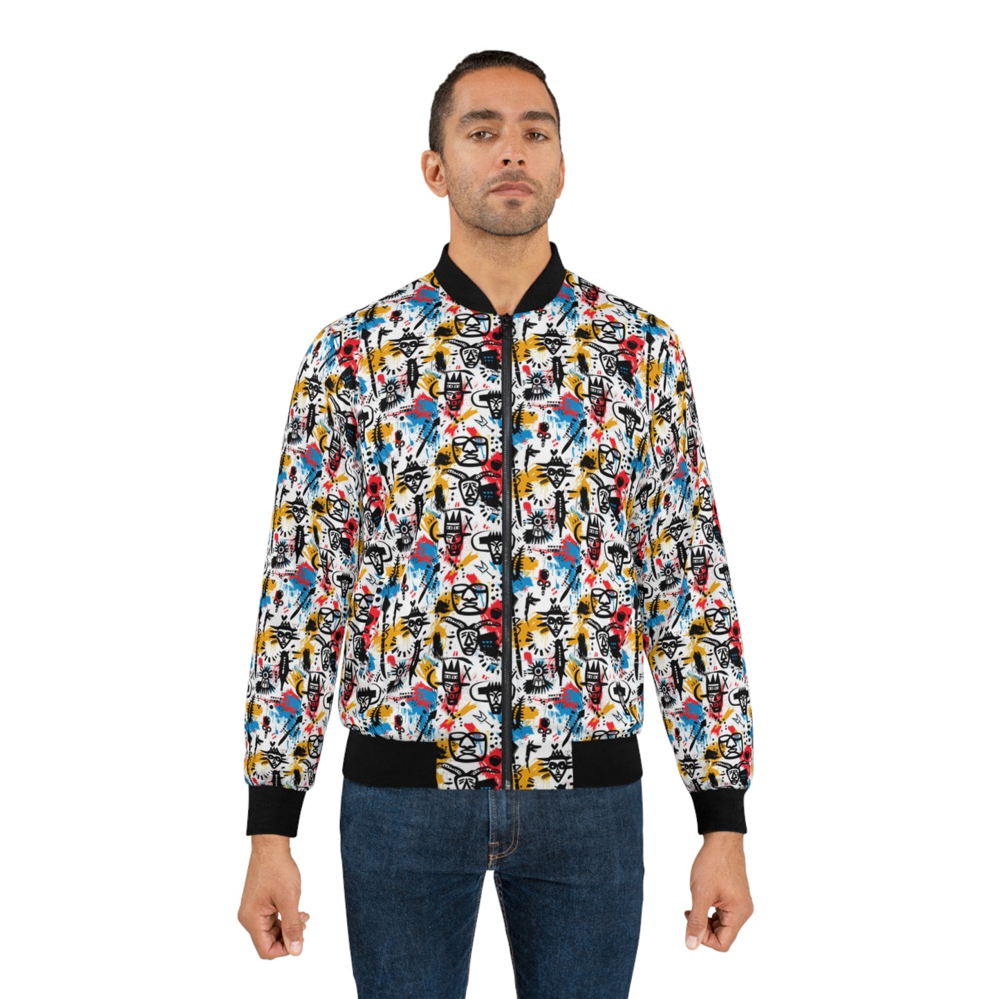 Men's Urban Tribal Graffiti Bomber Jacket - Street Art Inspired, Fashionable Outerwear