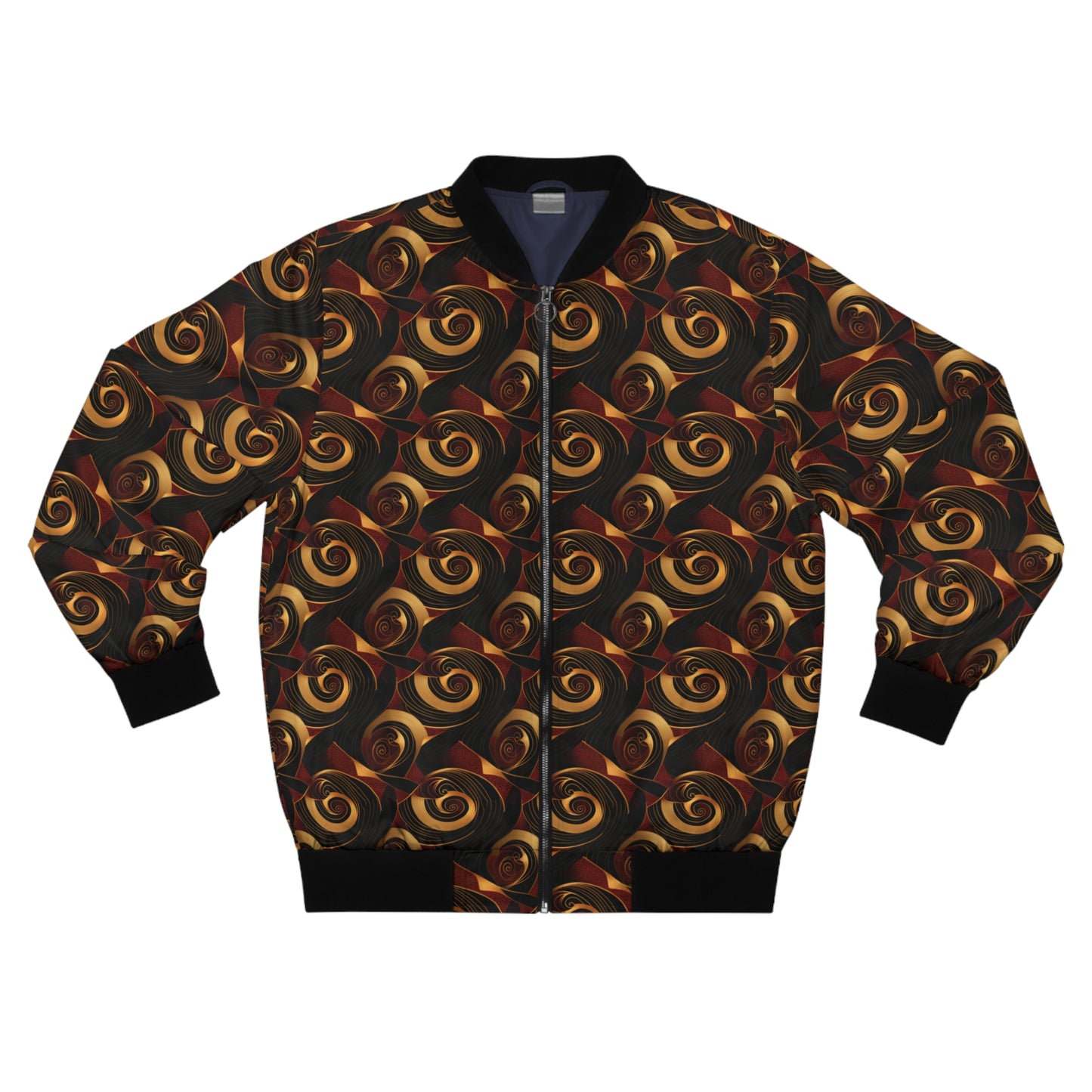 Plus Size Men's African Ankara Print Bomber Jacket - Dark Crimson, Gold & Black Spiral Design